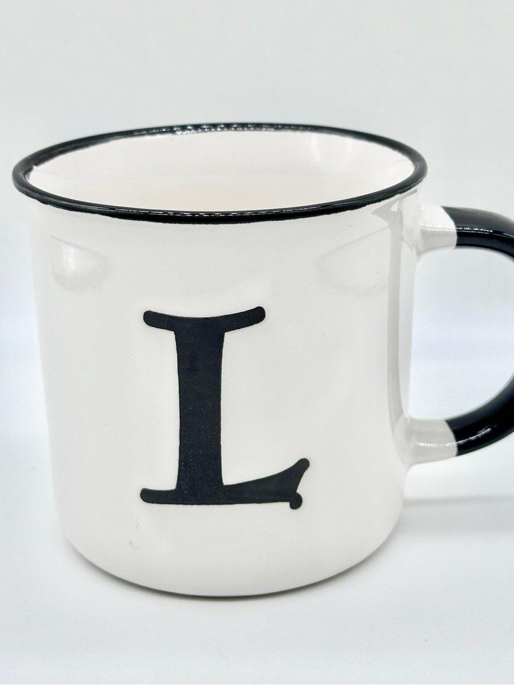 White Ceramic Monogram Mug with Black 'L' Accent